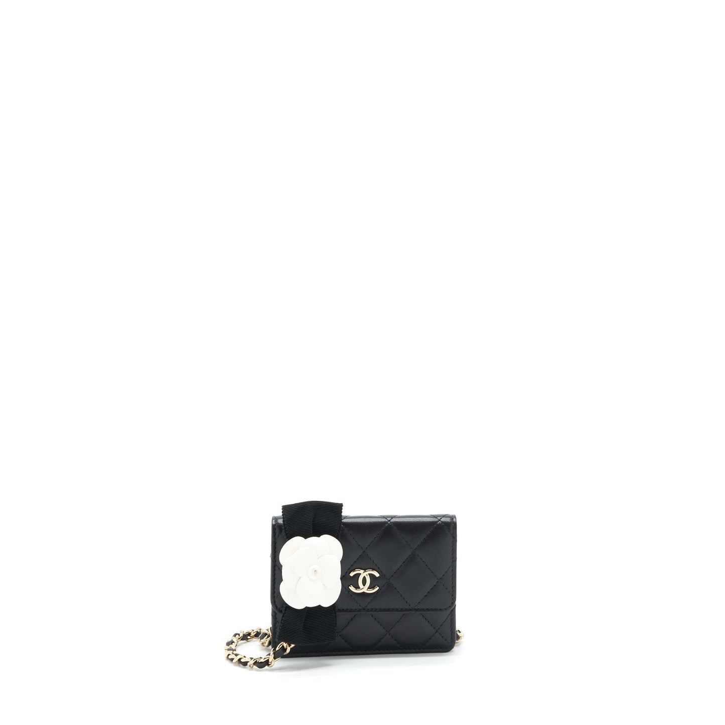 Chanel Mini Flap Bag With Camellia Chain Lambskin Black L