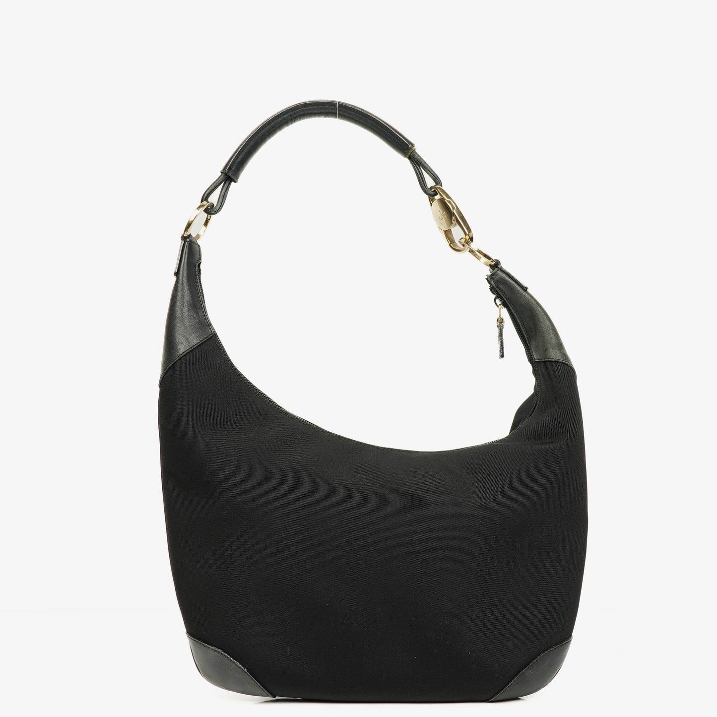 Gucci Black Nylon Leather Braided Handle Ring Hobo Bag