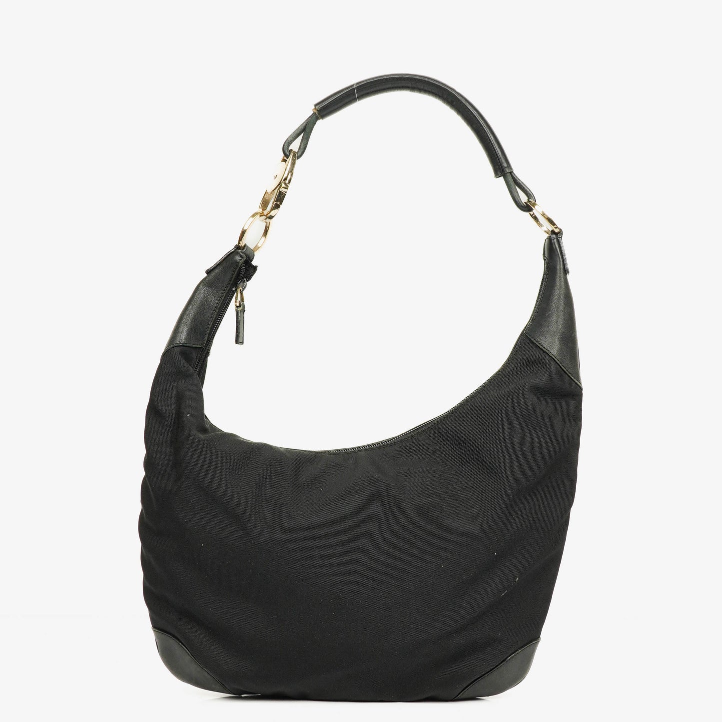 Gucci Black Nylon Leather Braided Handle Ring Hobo Bag