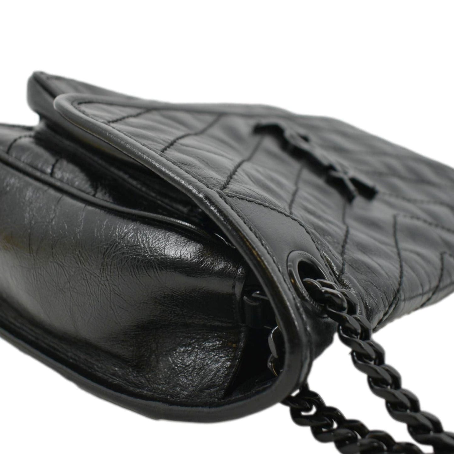 YVES SAINT LAURENT Niki Baby Crinkle Leather Shoulder Bag Black