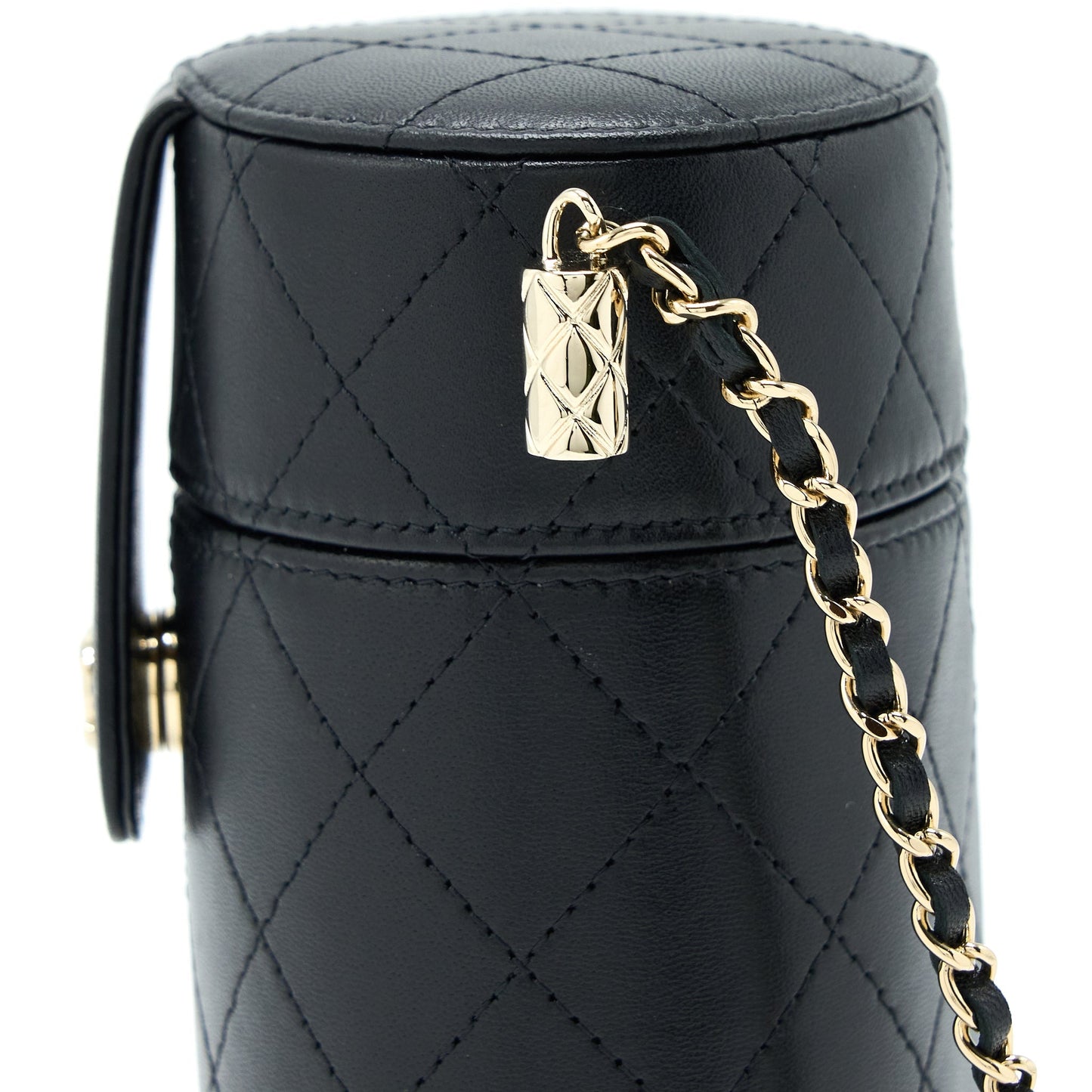Chanel Round Vanity Case With Chain Lambskin Black L