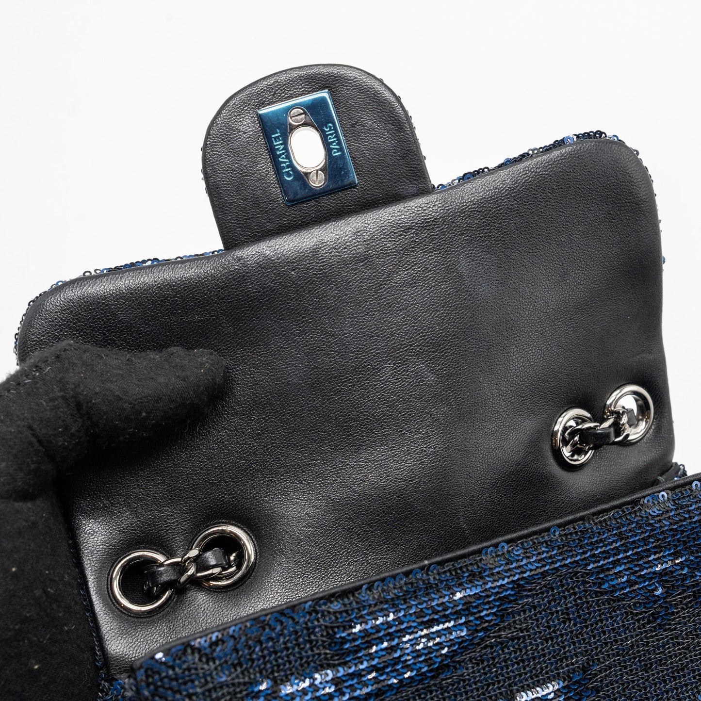 Chanel super mini flap bag sequin dark blue / black