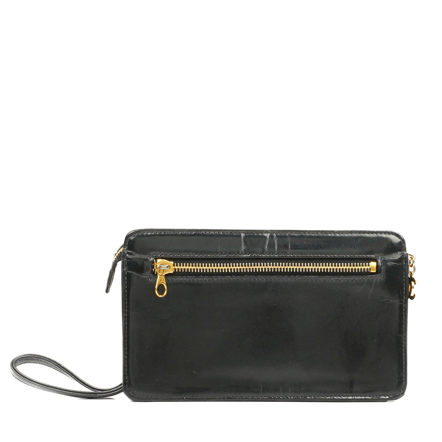 Chanel CC Black Patent Leather Wristlet Bag 24K Gold Hardware