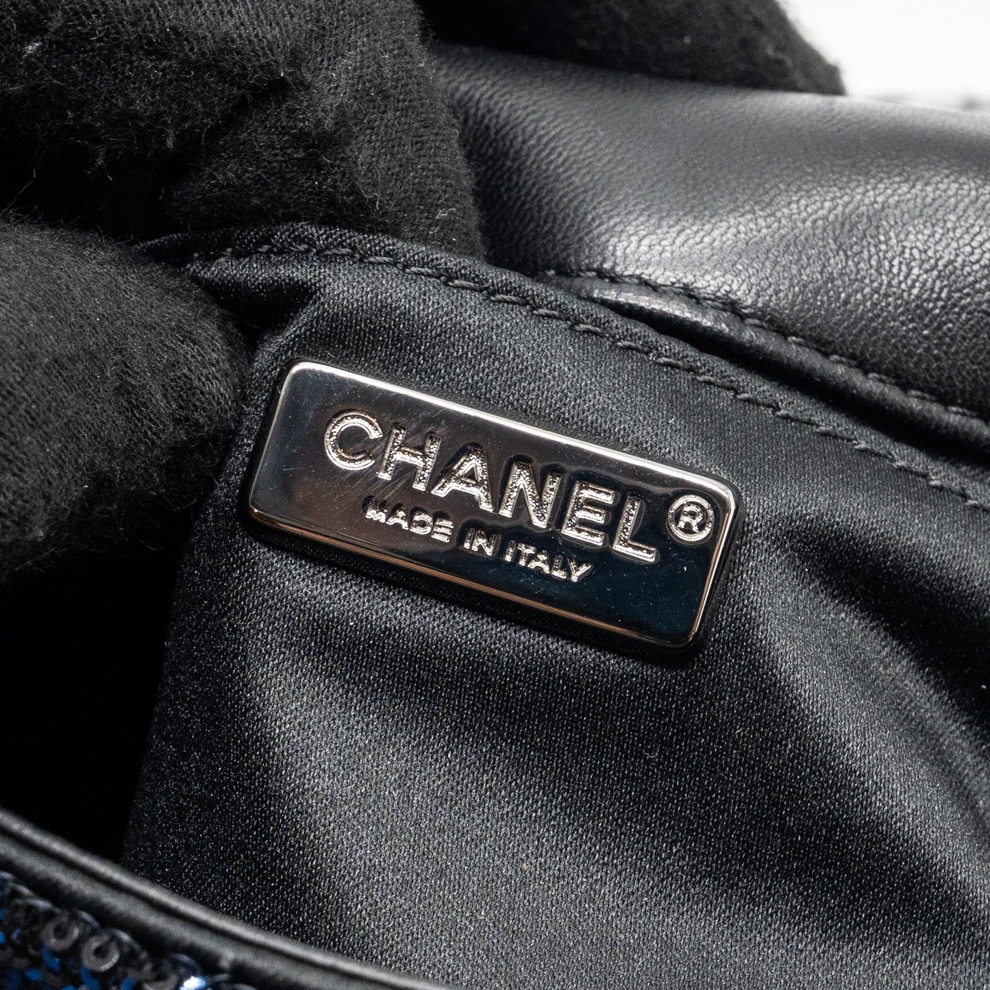 Chanel super mini flap bag sequin dark blue / black