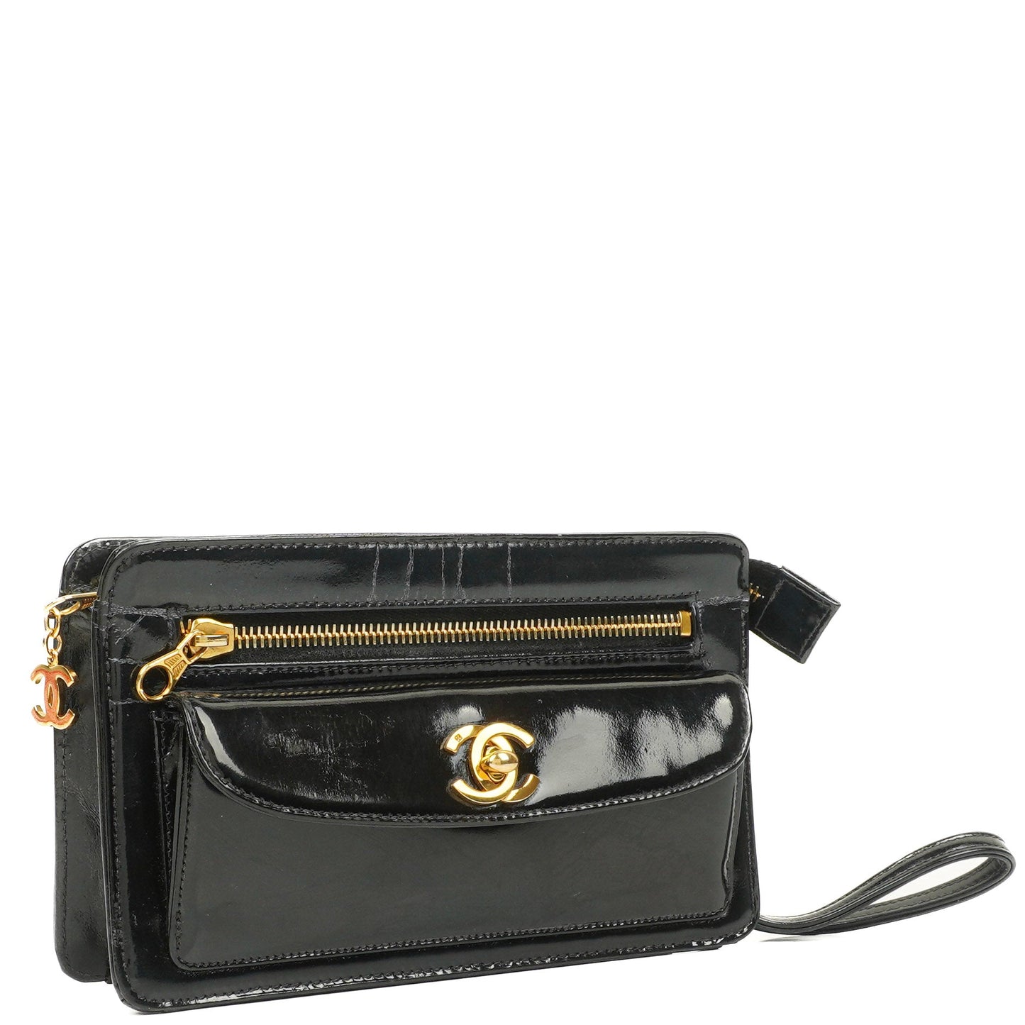 Chanel CC Black Patent Leather Wristlet Bag 24K Gold Hardware
