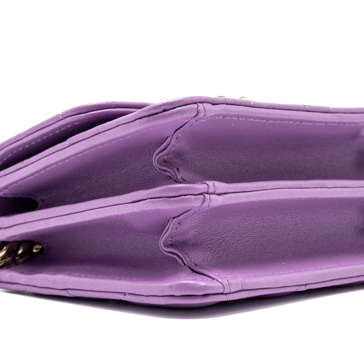 Chanel detailed top handle flap mini clutch with chain lambskin purple L (microchip)