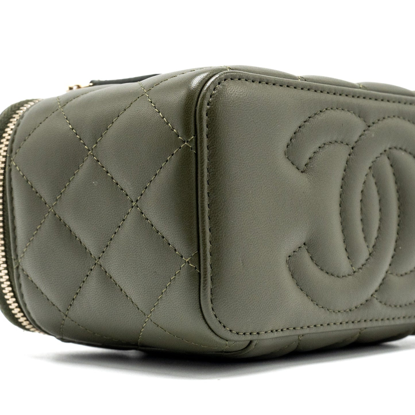 Chanel Detail Top Handle Long Vanity With Chain Lambskin Dark Green  (Microchip)