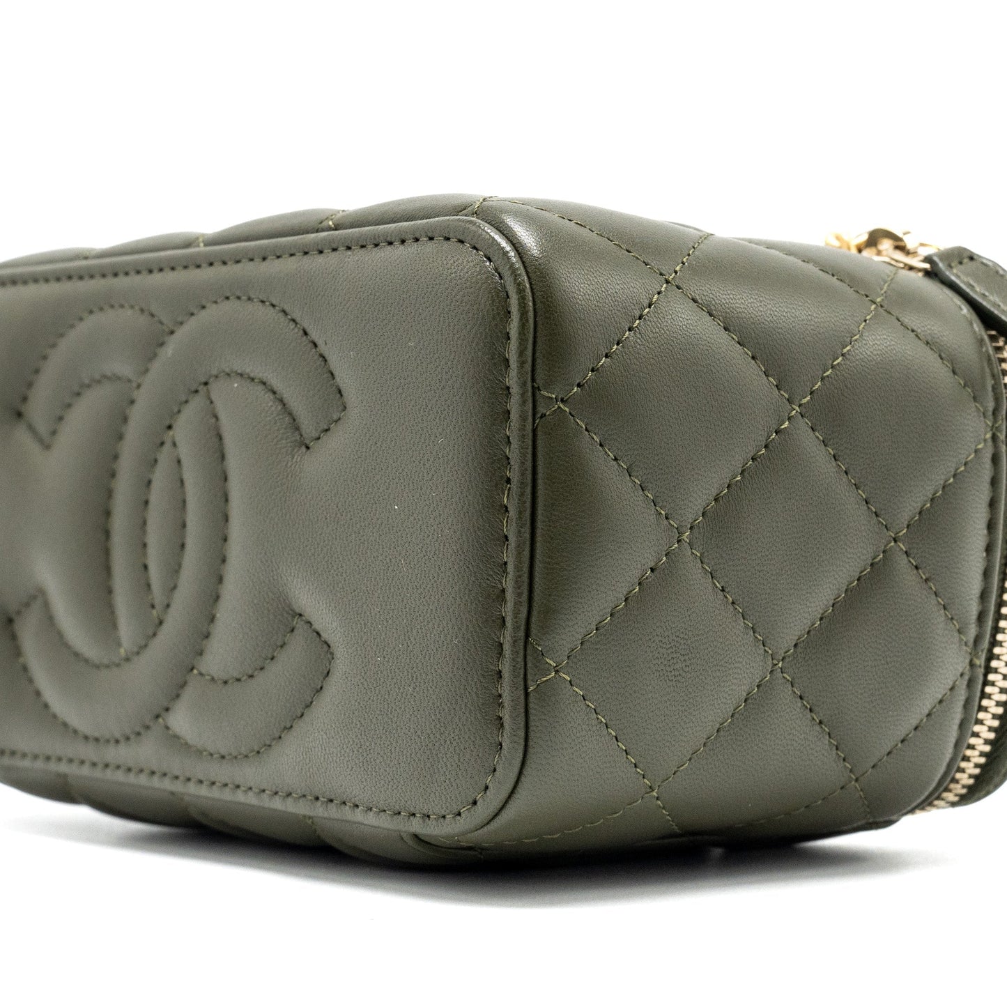 Chanel Detail Top Handle Long Vanity With Chain Lambskin Dark Green  (Microchip)