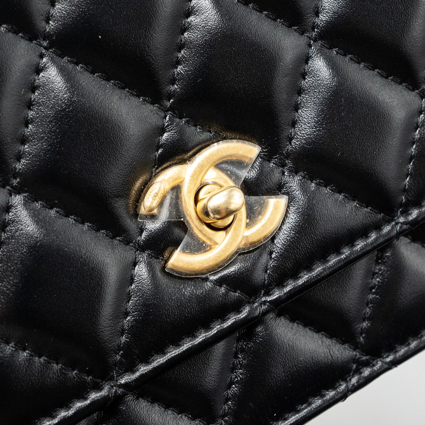 Chanel letter logo top handle flap wallet on chain shiny calfskin black  (microchip)