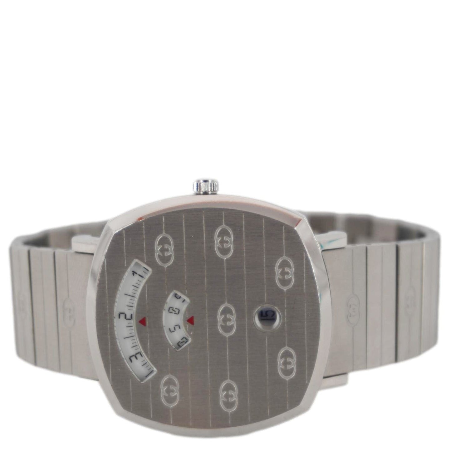 GUCCI Grip 1573 GG Engraved Quartz Silver Dial Stainless Steel Watch 35MM