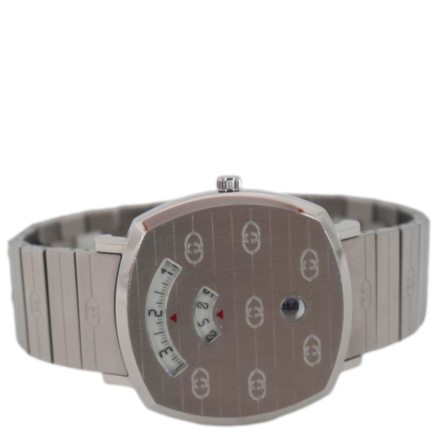 GUCCI Grip 1573 GG Engraved Quartz Silver Dial Stainless Steel Watch 35MM