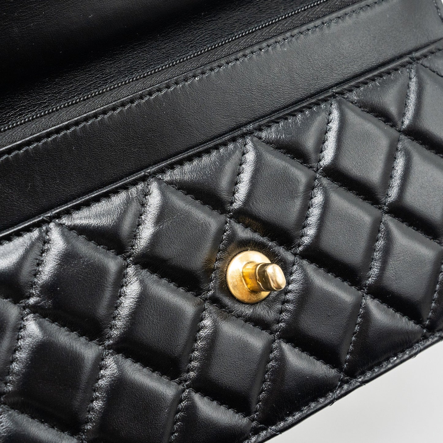 Chanel letter logo top handle flap wallet on chain shiny calfskin black  (microchip)