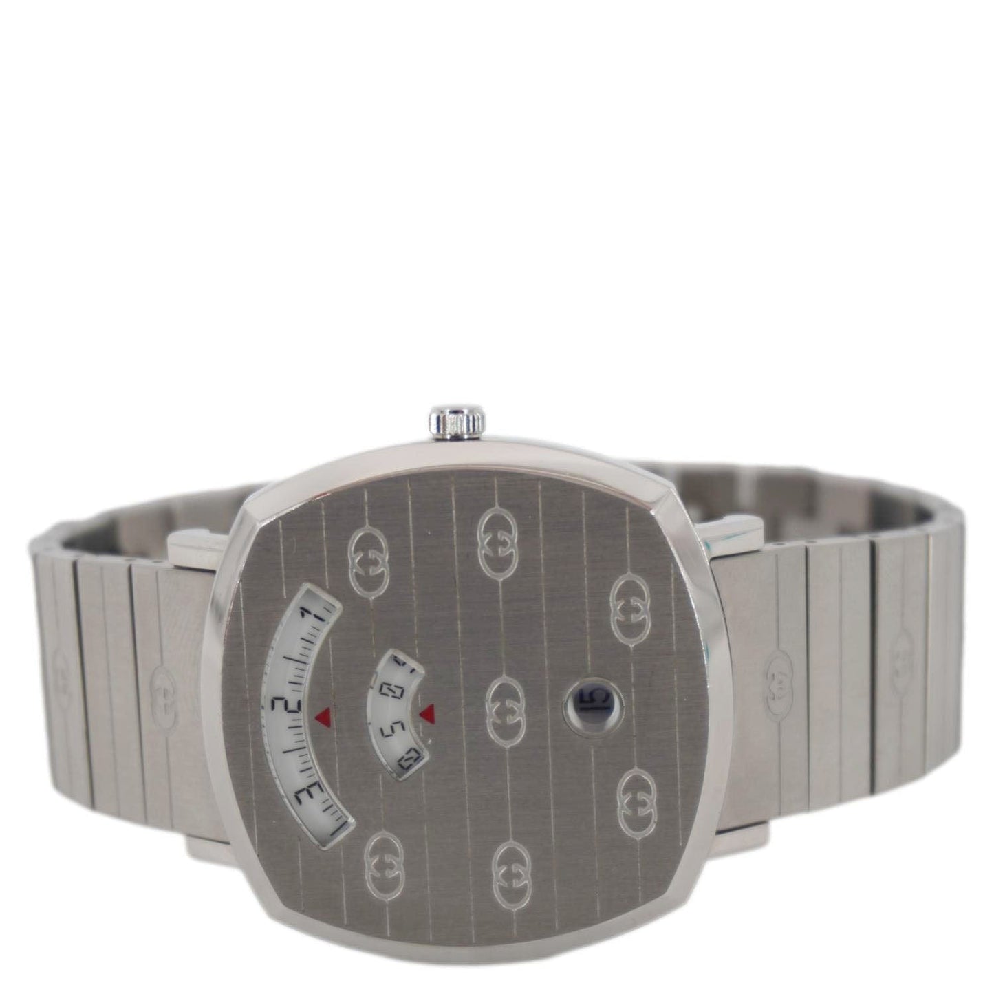 GUCCI Grip 1573 GG Engraved Quartz Silver Dial Stainless Steel Watch 35MM