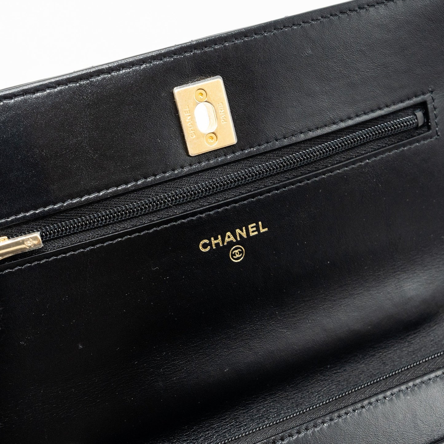 Chanel letter logo top handle flap wallet on chain shiny calfskin black  (microchip)