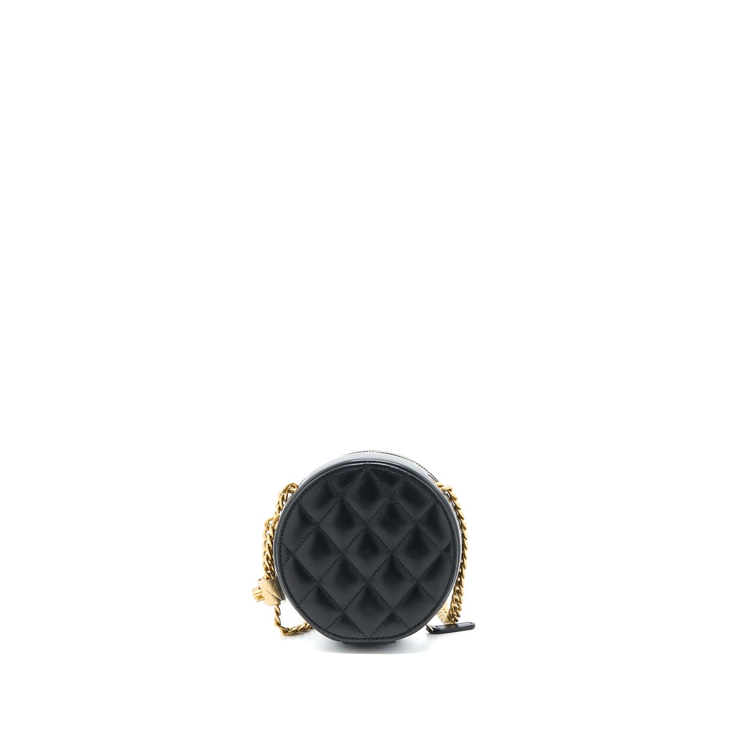 Chanel 22K Gold Pillar Round Clutch With Chain Lambskin Black Brushed
