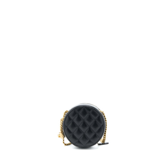 Chanel 22K Gold Pillar Round Clutch With Chain Lambskin Black Brushed