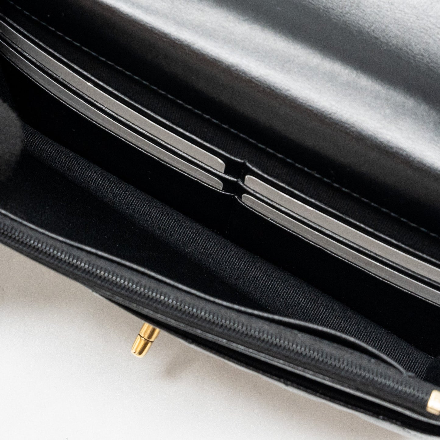 Chanel letter logo top handle flap wallet on chain shiny calfskin black  (microchip)