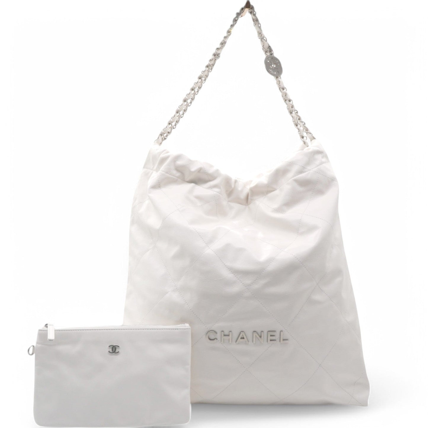 Shiny Quilted Large Chanel 22 White Handbag