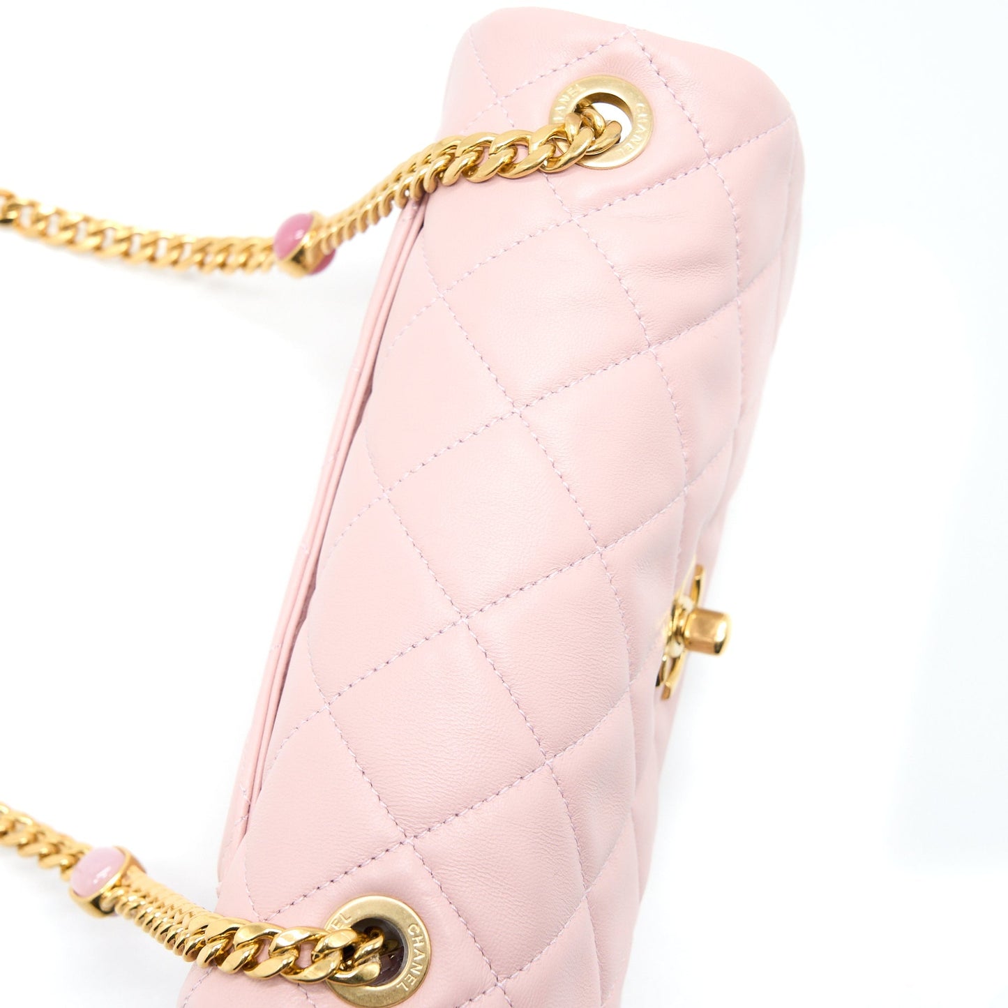 Chanel 22B Small Flap Bag With Gem Chain Lambskin Pink  (Microchip)