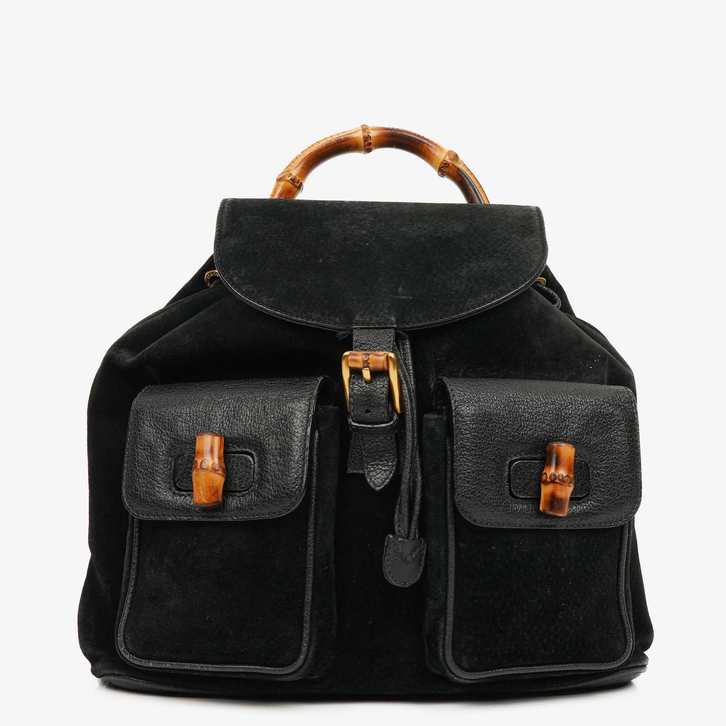Gucci Vintage Black Suede and Leather Bamboo Backpack