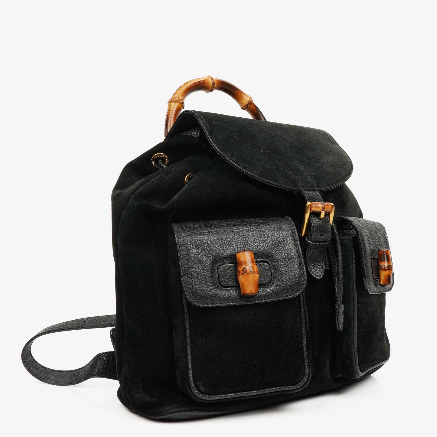Gucci Vintage Black Suede and Leather Bamboo Backpack