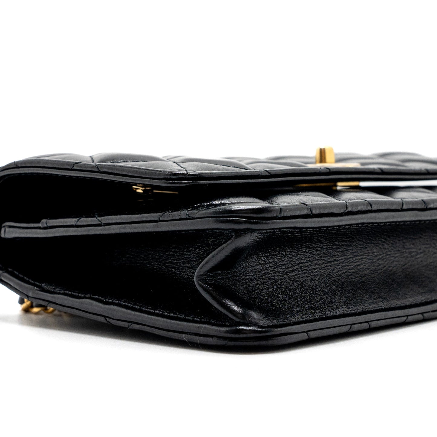 Chanel letter logo top handle flap wallet on chain shiny calfskin black  (microchip)