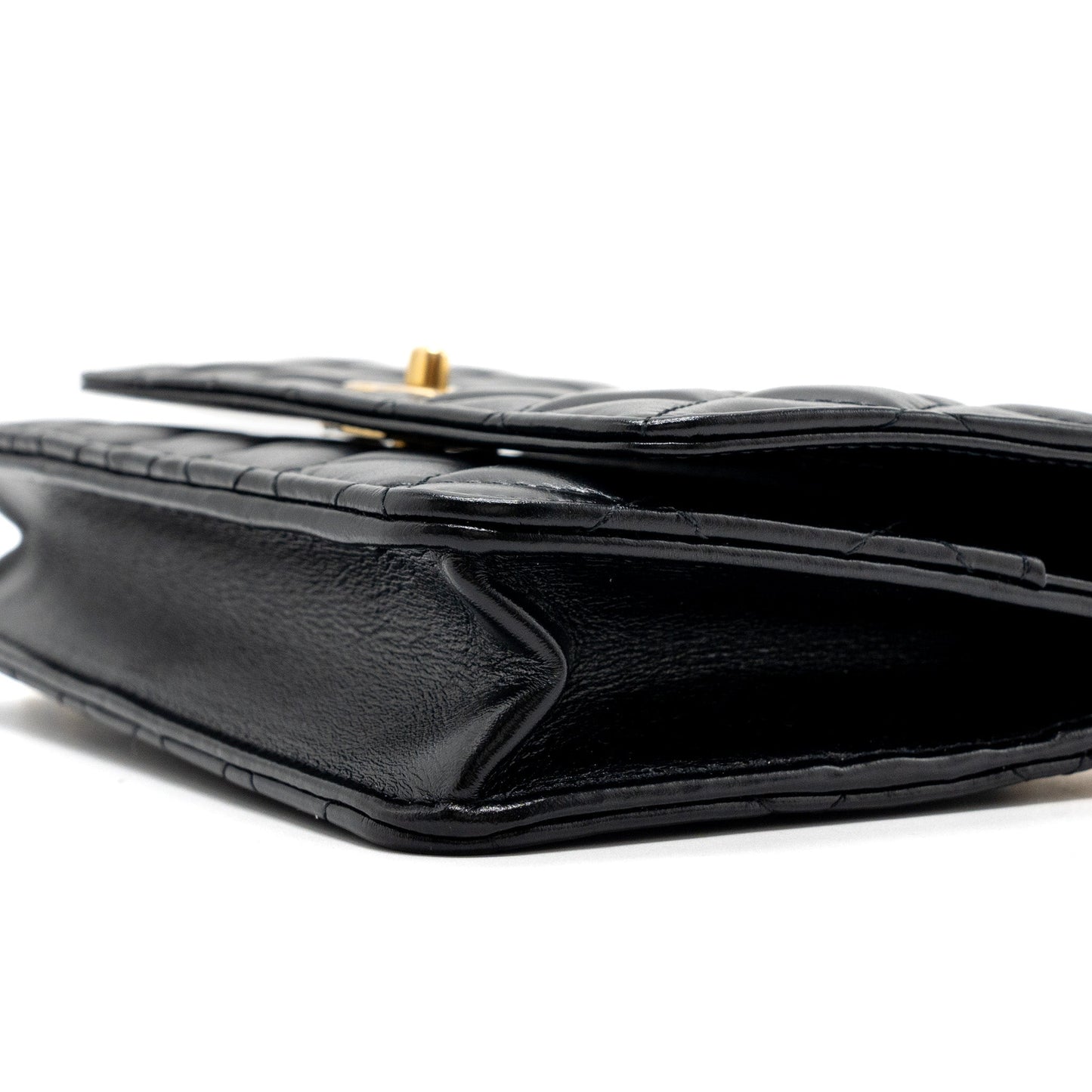 Chanel letter logo top handle flap wallet on chain shiny calfskin black  (microchip)