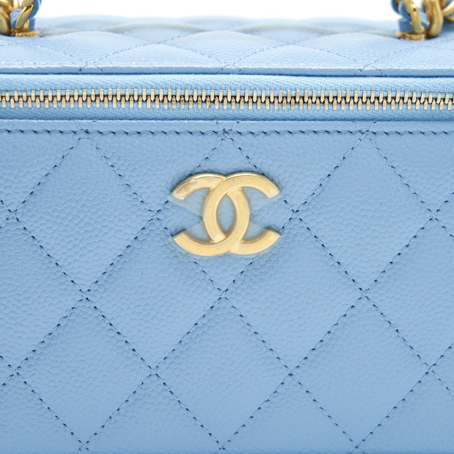 Chanel 22S Letter Logo Top Handle Long Vanity With Chain Caviar Light Blue