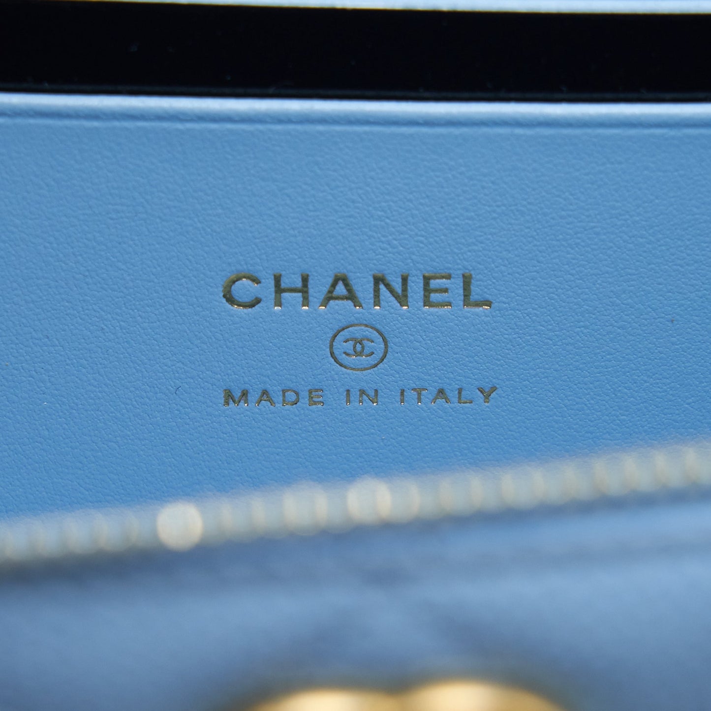 Chanel 22S Letter Logo Top Handle Long Vanity With Chain Caviar Light Blue