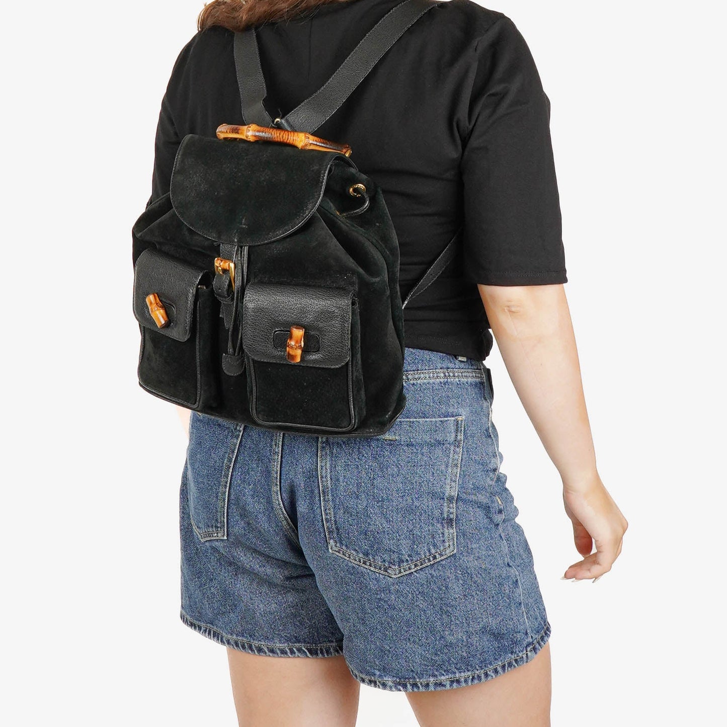 Gucci Vintage Black Suede and Leather Bamboo Backpack