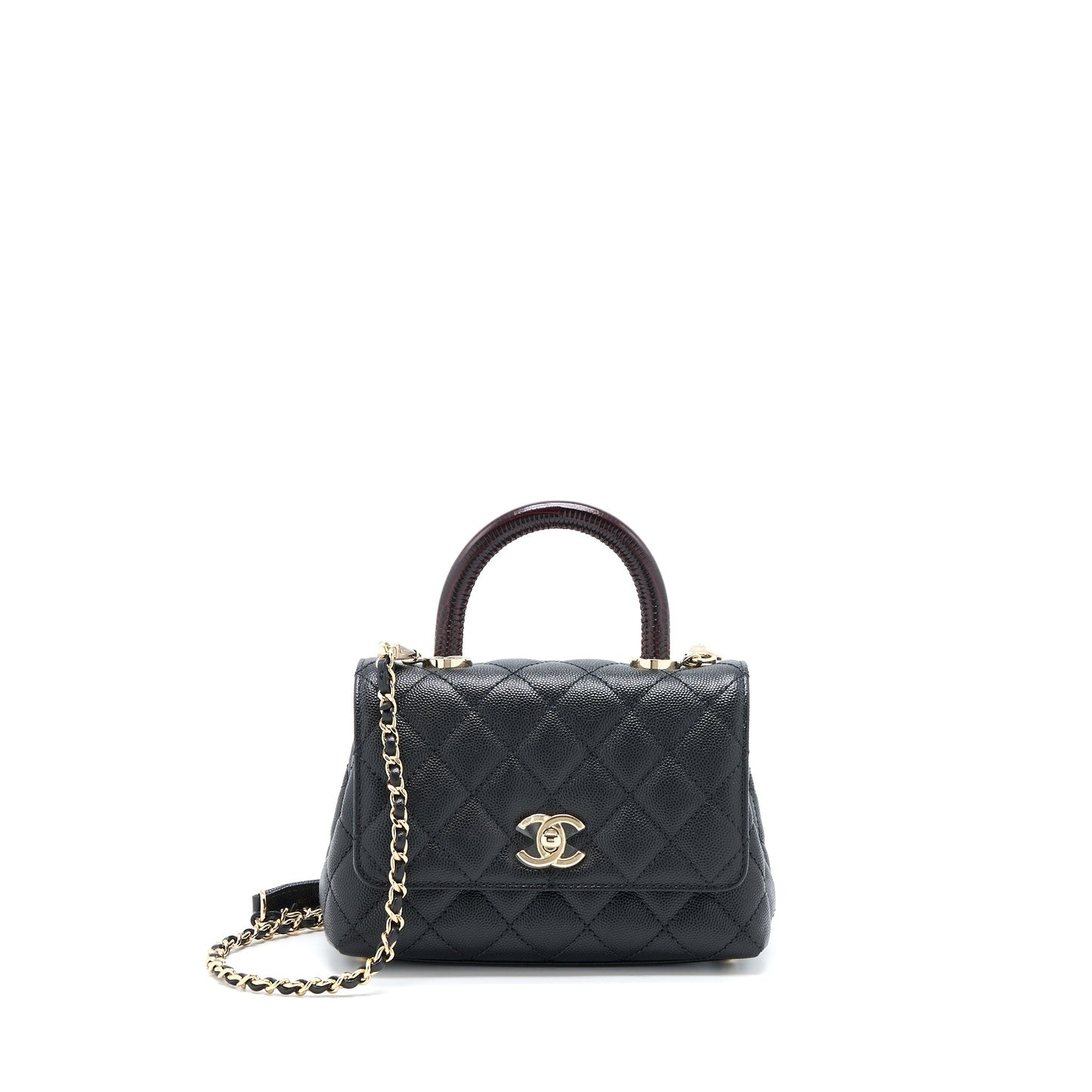Chanel Mini Coco Handle Bag With Dark Red Handle Caviar Black L(Microchip)