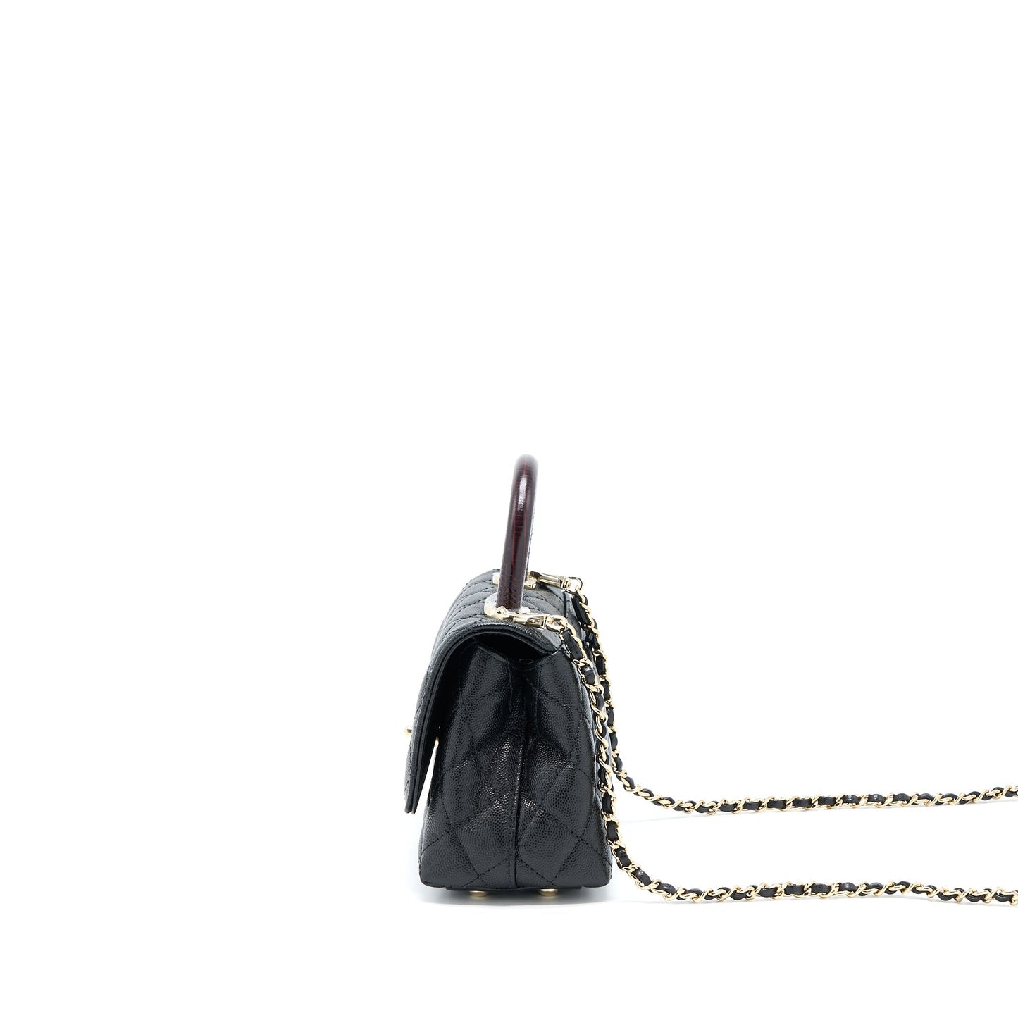 Chanel Mini Coco Handle Bag With Dark Red Handle Caviar Black L(Microchip)