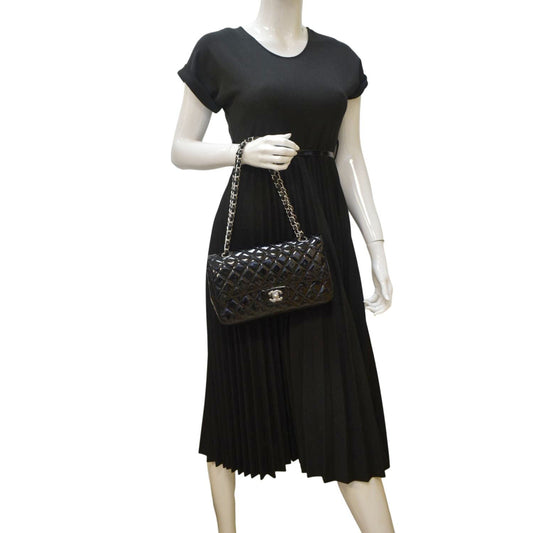 CHANEL Classic Medium Double Flap Patent Leather Shoulder Bag Black