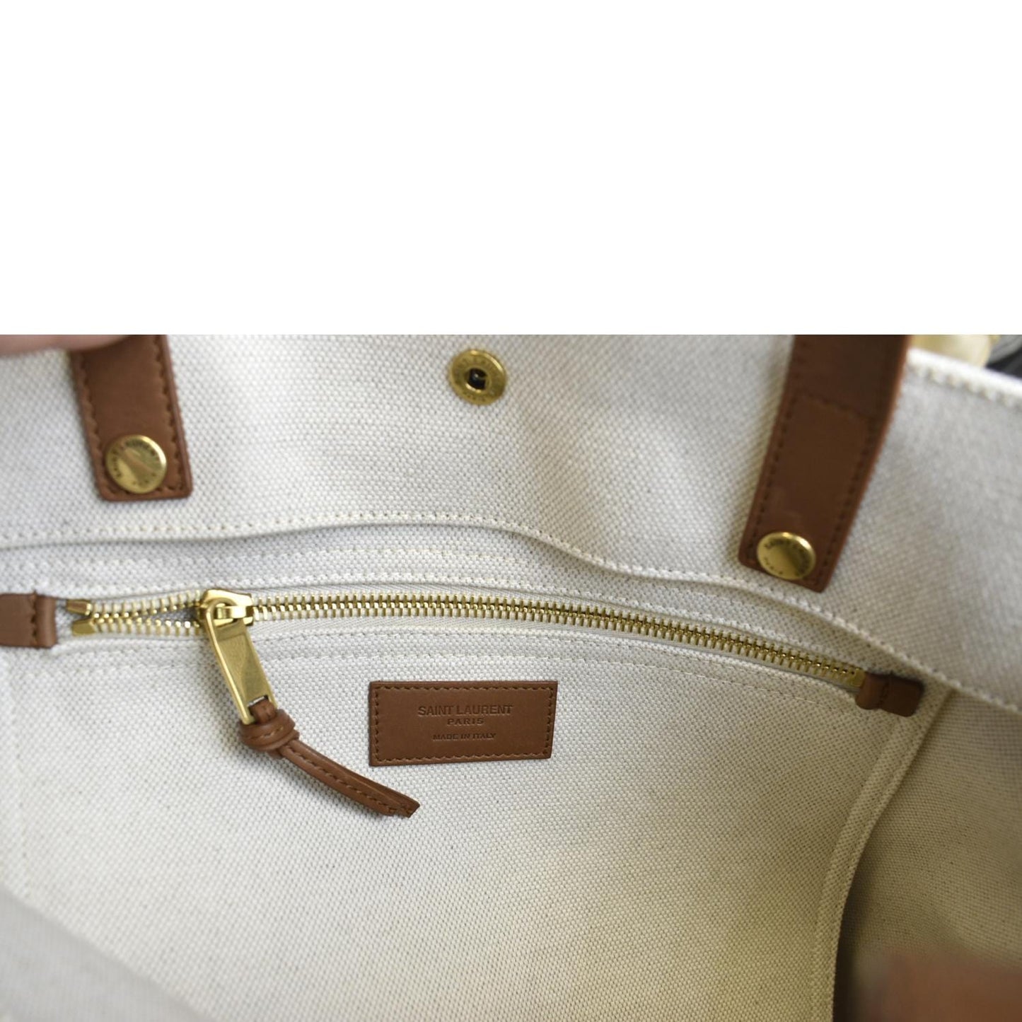 YVES SAINT LAURENT North South Foldable Canvas Smooth Leather Shoulder Bag Naturel
