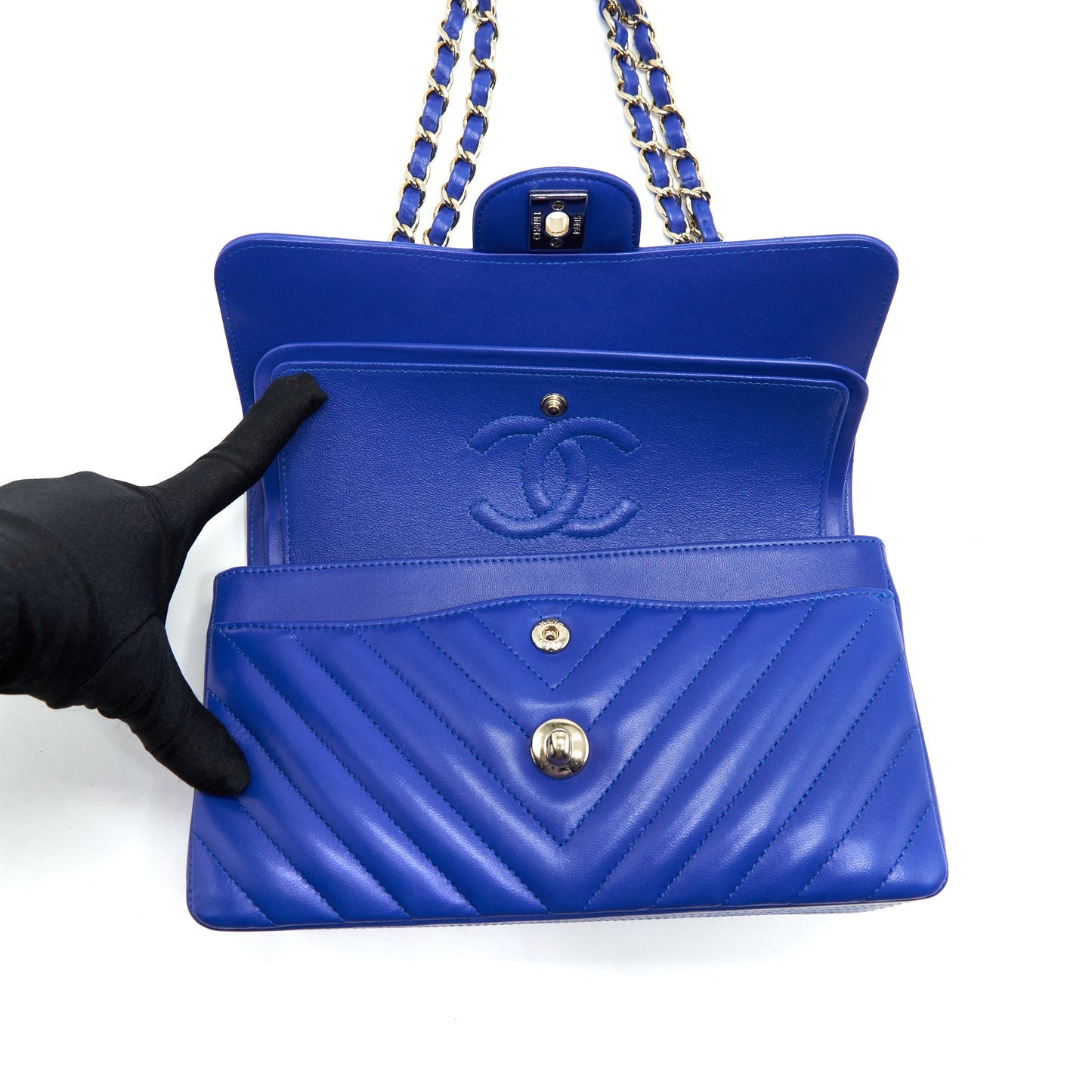 Chanel Small Classic Flap Bag Chevron Lambskin Blue L