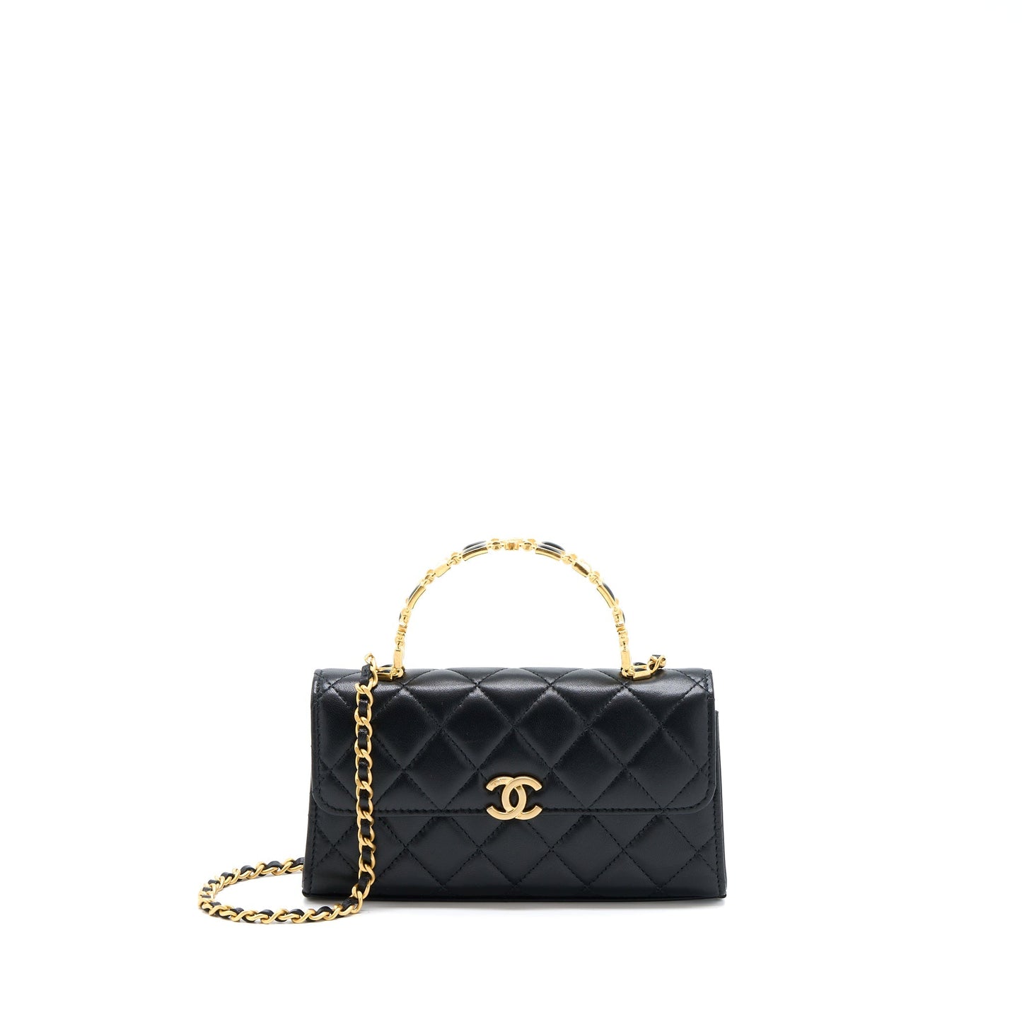 Chanel 22B Flap Bag With Enamel Top Handle Lambskin Black