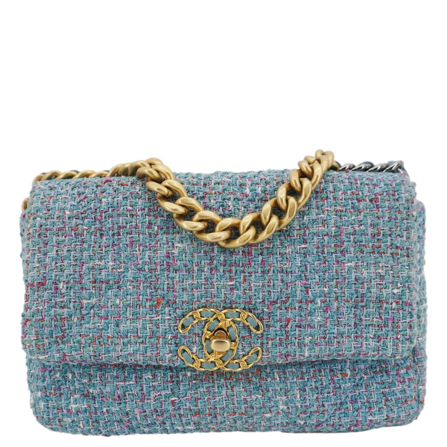 Chanel 19 Flap Medium Quilted Tweed Shoulder Bag Blue