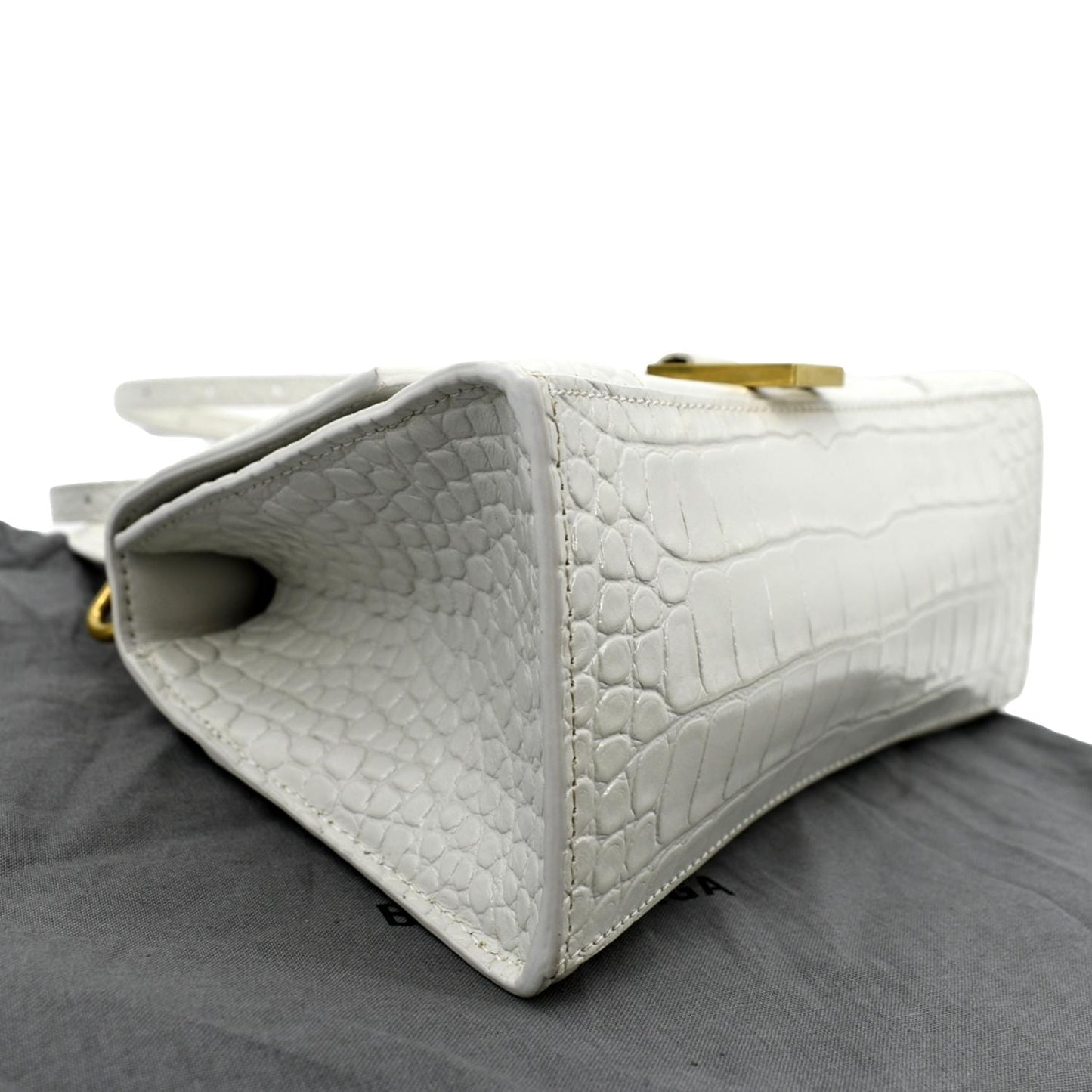 BALENCIAGA Small Hourglass Crocodile Embossed Top Handle Shoulder Bag White