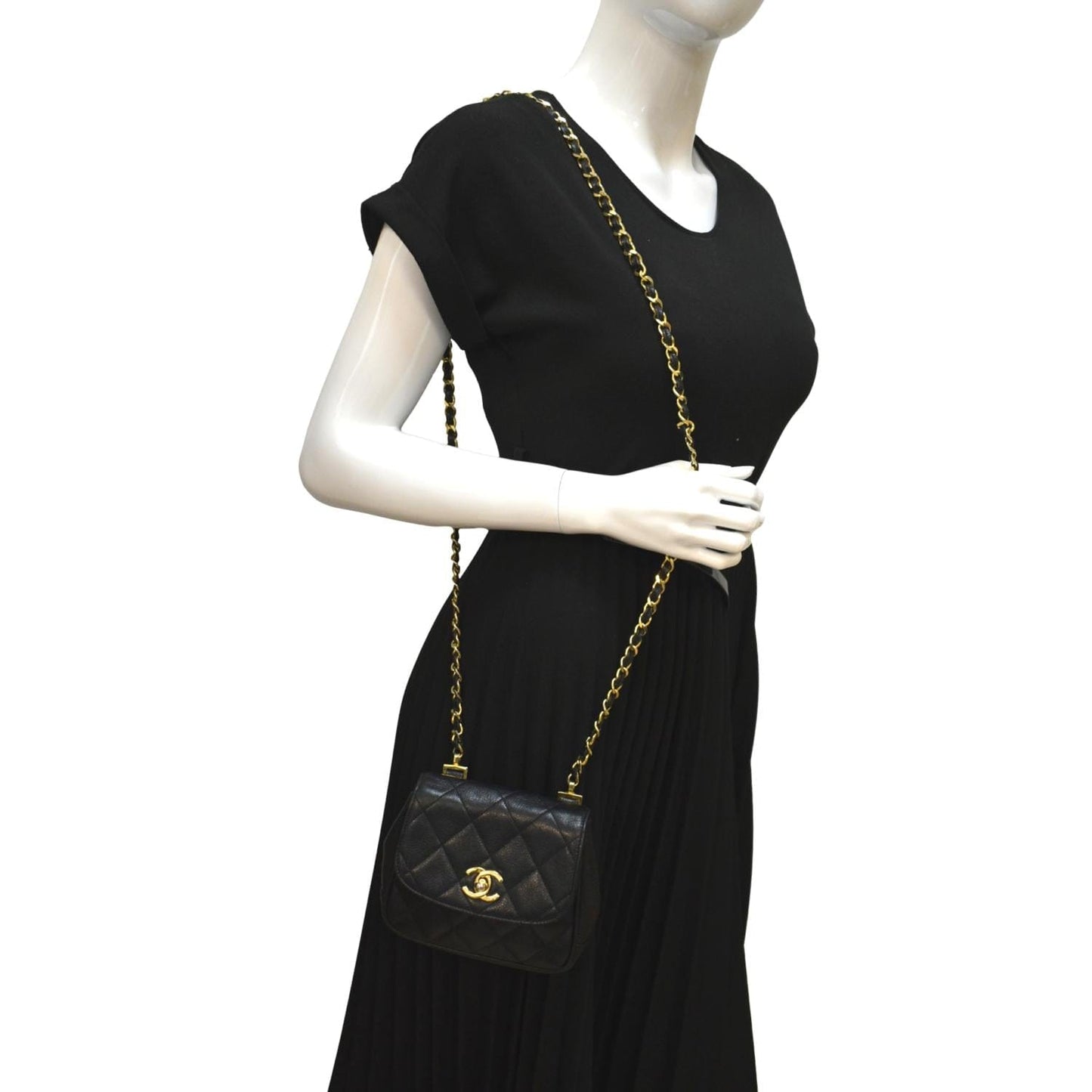 CHANEL Round Flap  Quilted Caviar Leather Crossbody Bag Black