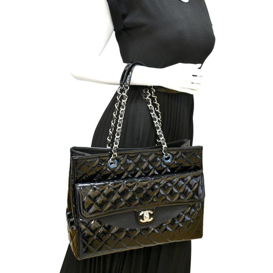 CHANEL Front Pocket Quilted Patent Leather Shopping Tote Bag Black