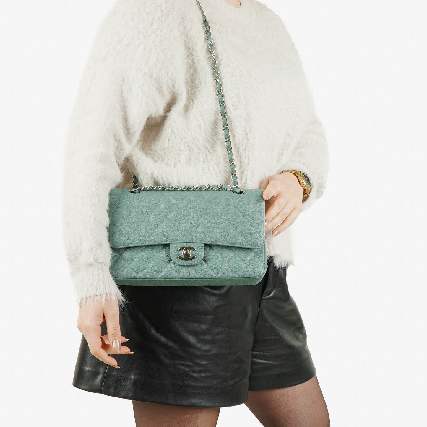Chanel Medium Double Flap Bag Blue Quilted Caviar Leather With Silver-Tone Hardware