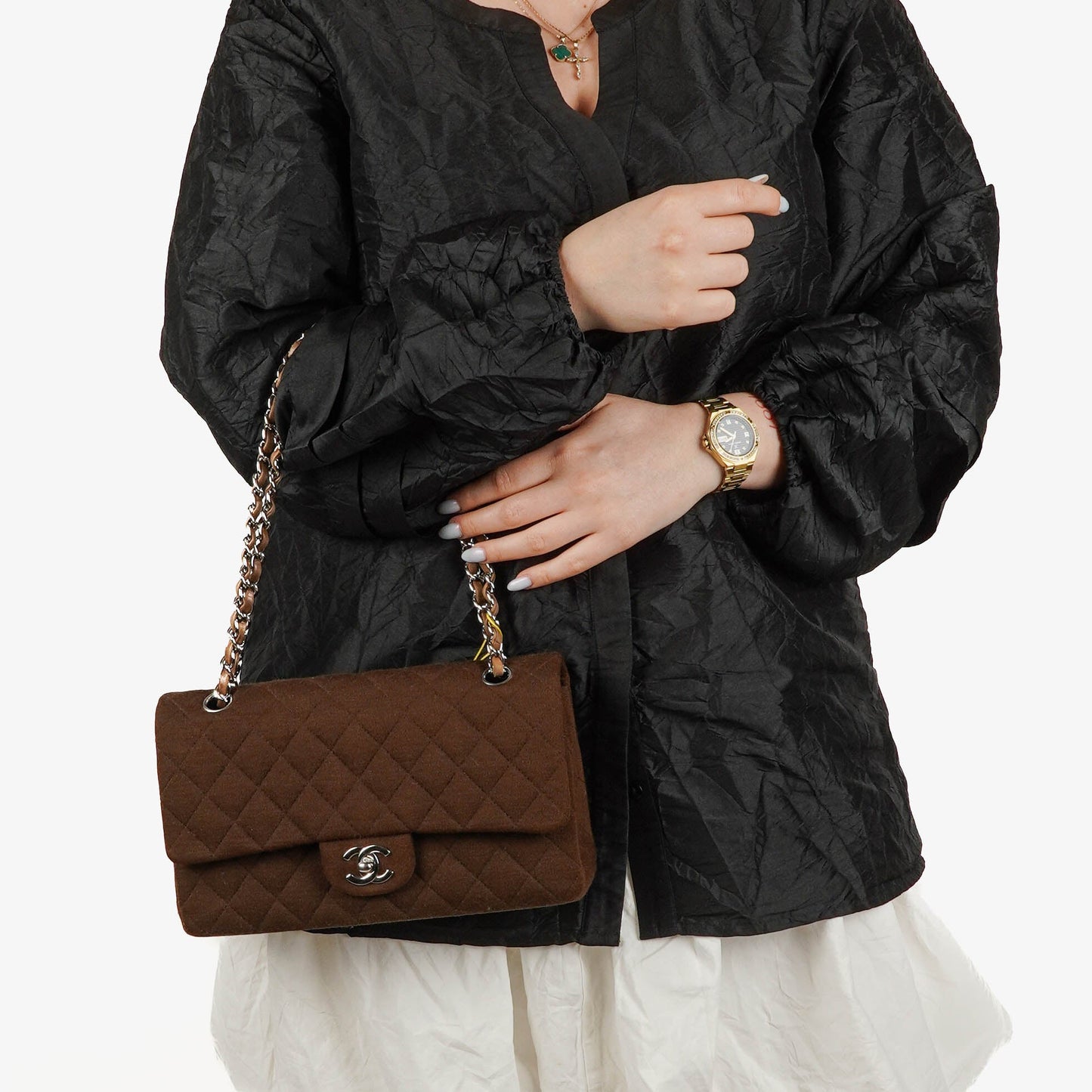 Chanel  Medium Classic Double Flap Bag Brown Jersey Silver-Plated Hardware