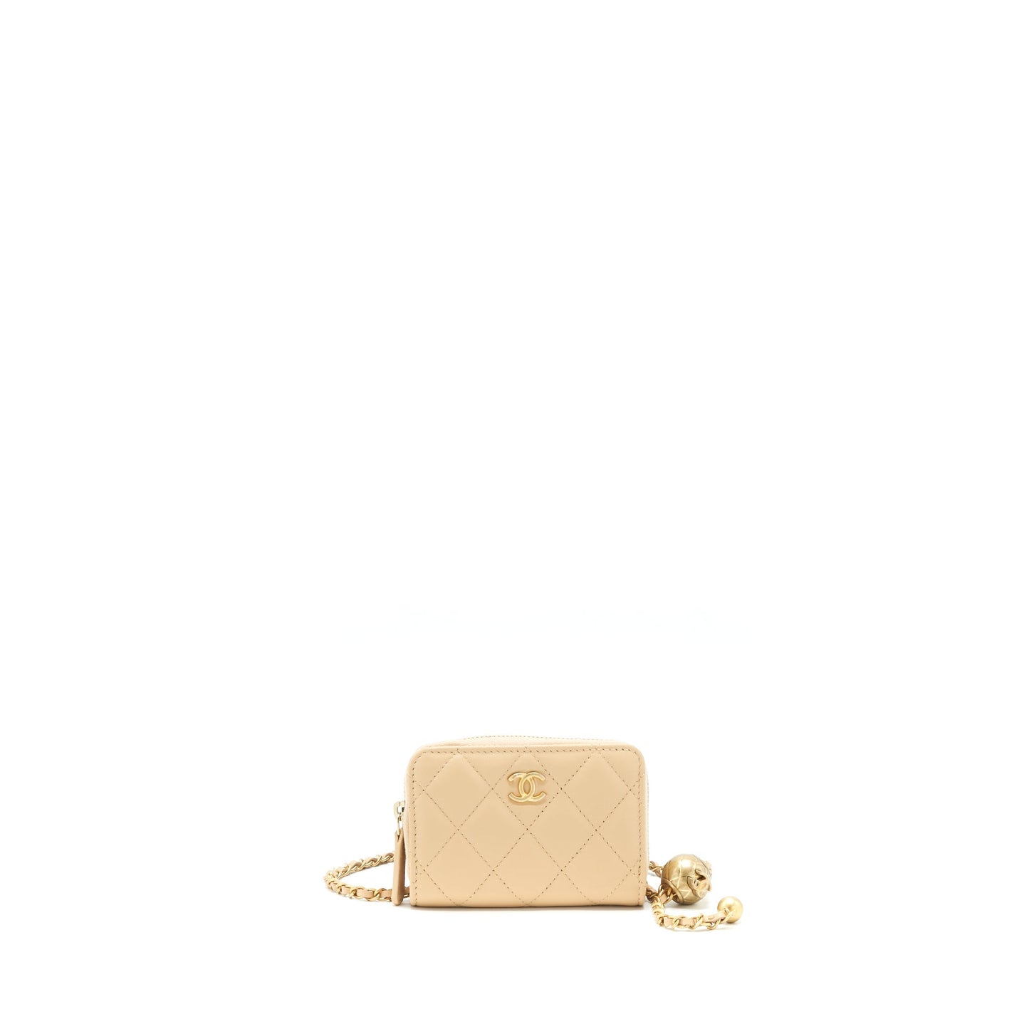Chanel 22C Pearl Crush Card Holder With Chain Beige