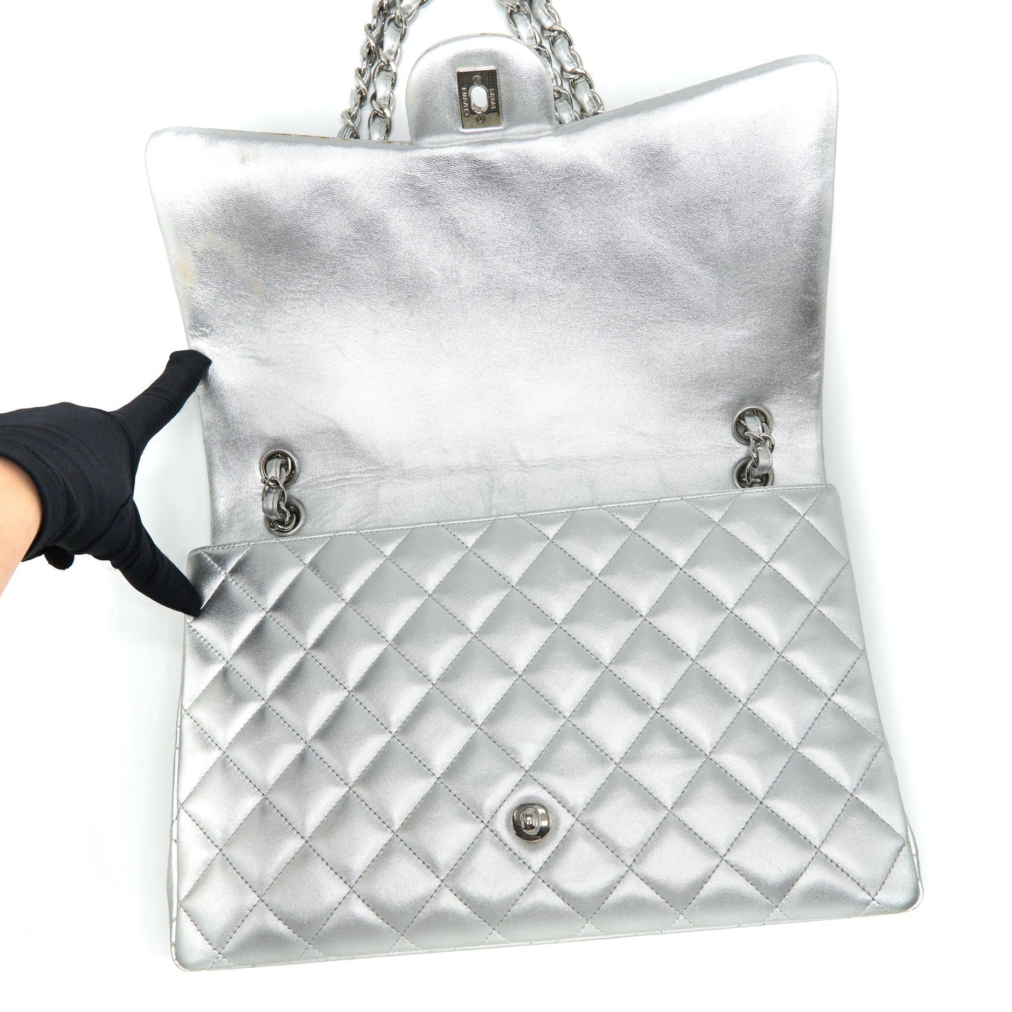 Chanel Maxi Classic Double Flap Bag Lambskin Sliver