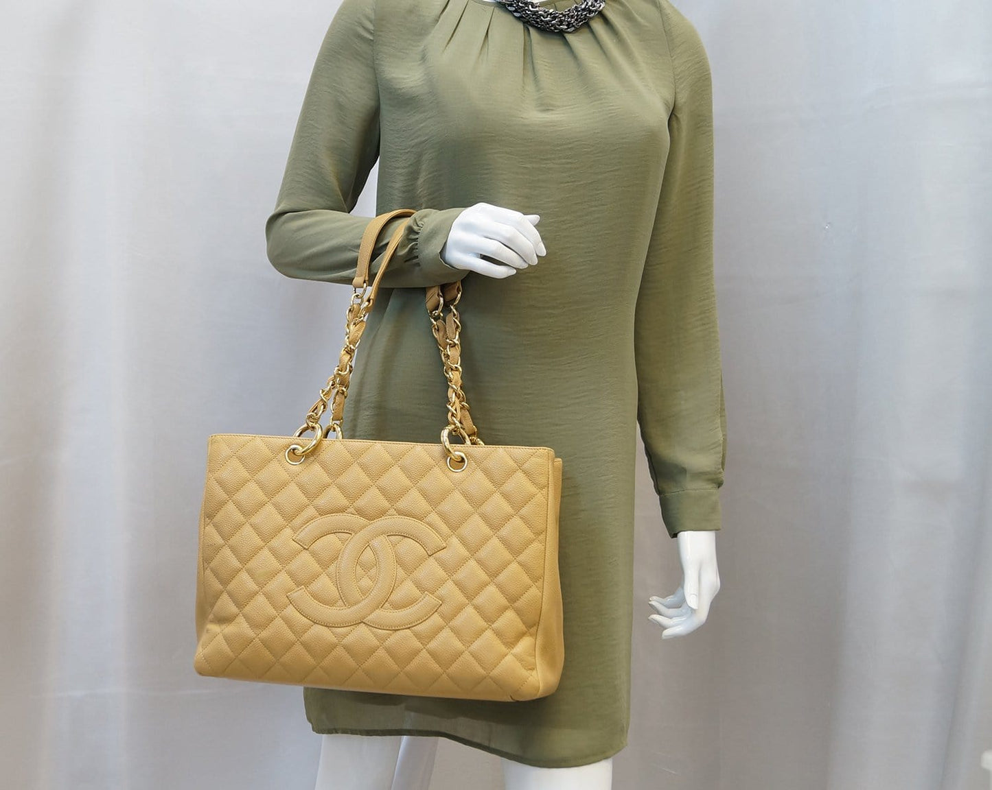 CHANEL Beige Caviar Leather Shopping Tote Bag