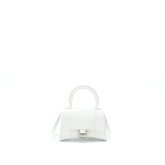 Balenciaga Mini Hourglass Purse Crocodile-Embossed Calfskin White