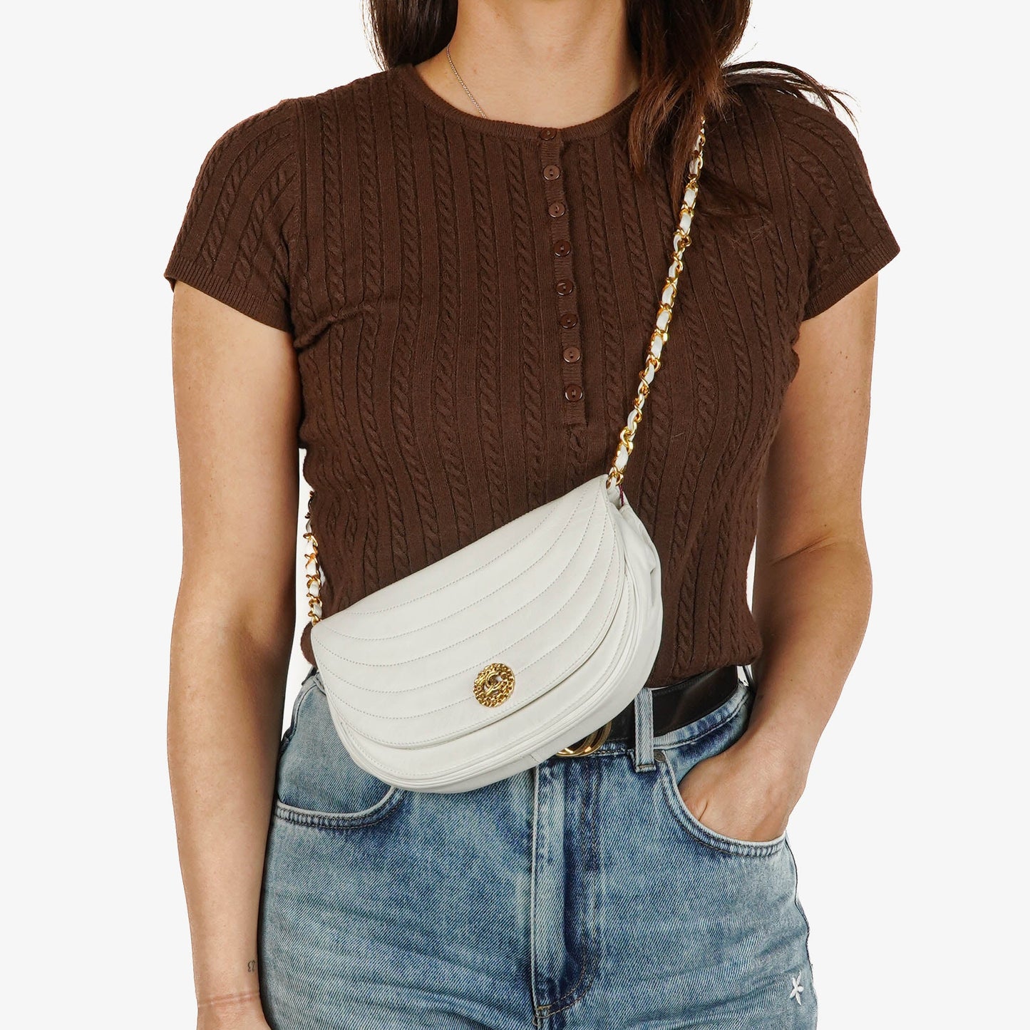 Chanel Classic Lambskin Half Moon White Flap Bag
