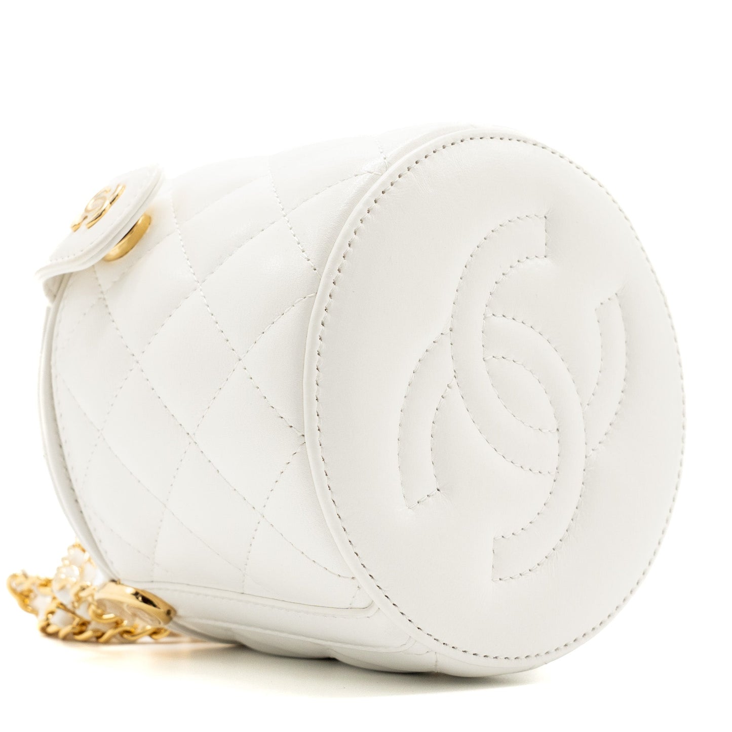 Chanel top handle round vanity with chain lambskin white  (microchip)