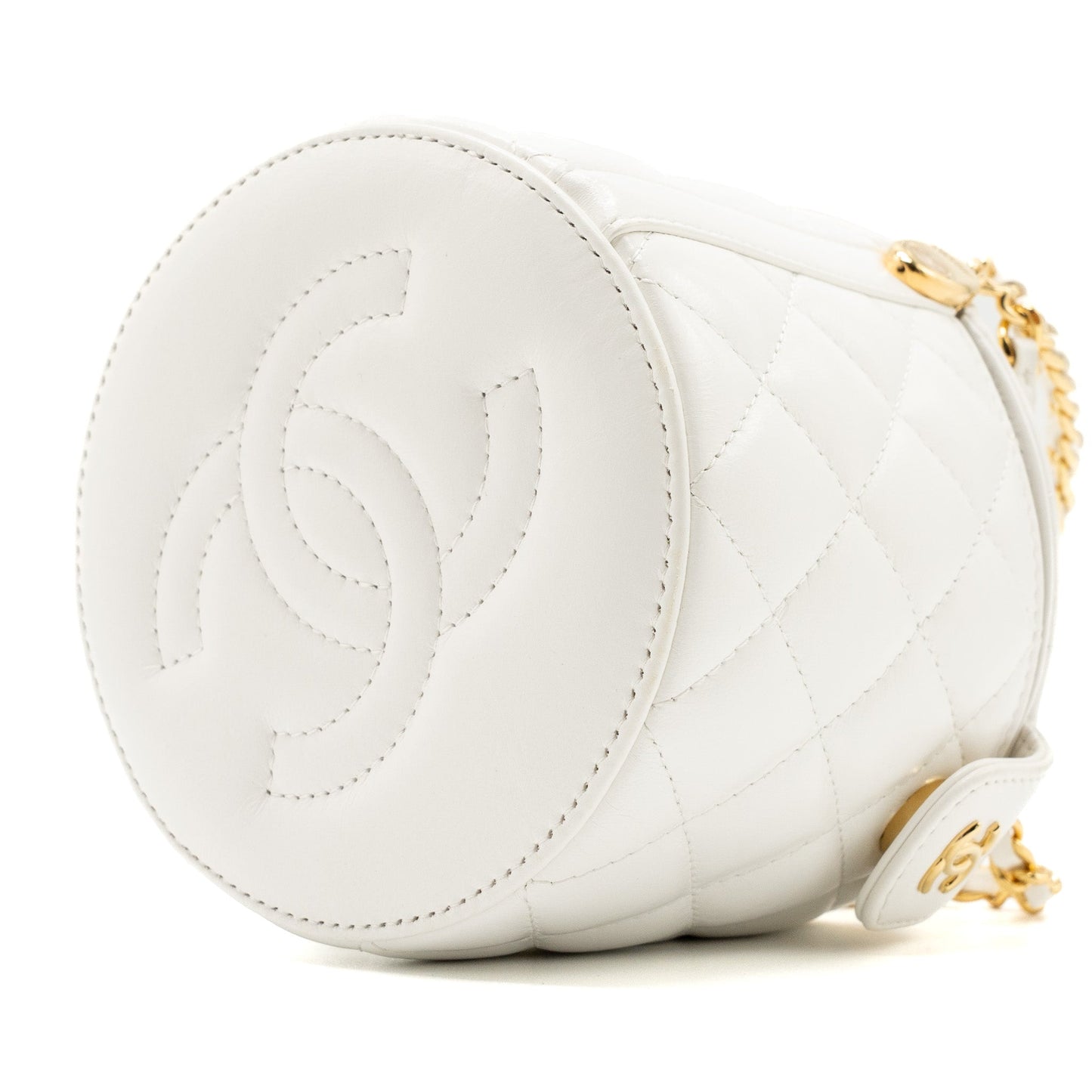 Chanel top handle round vanity with chain lambskin white  (microchip)