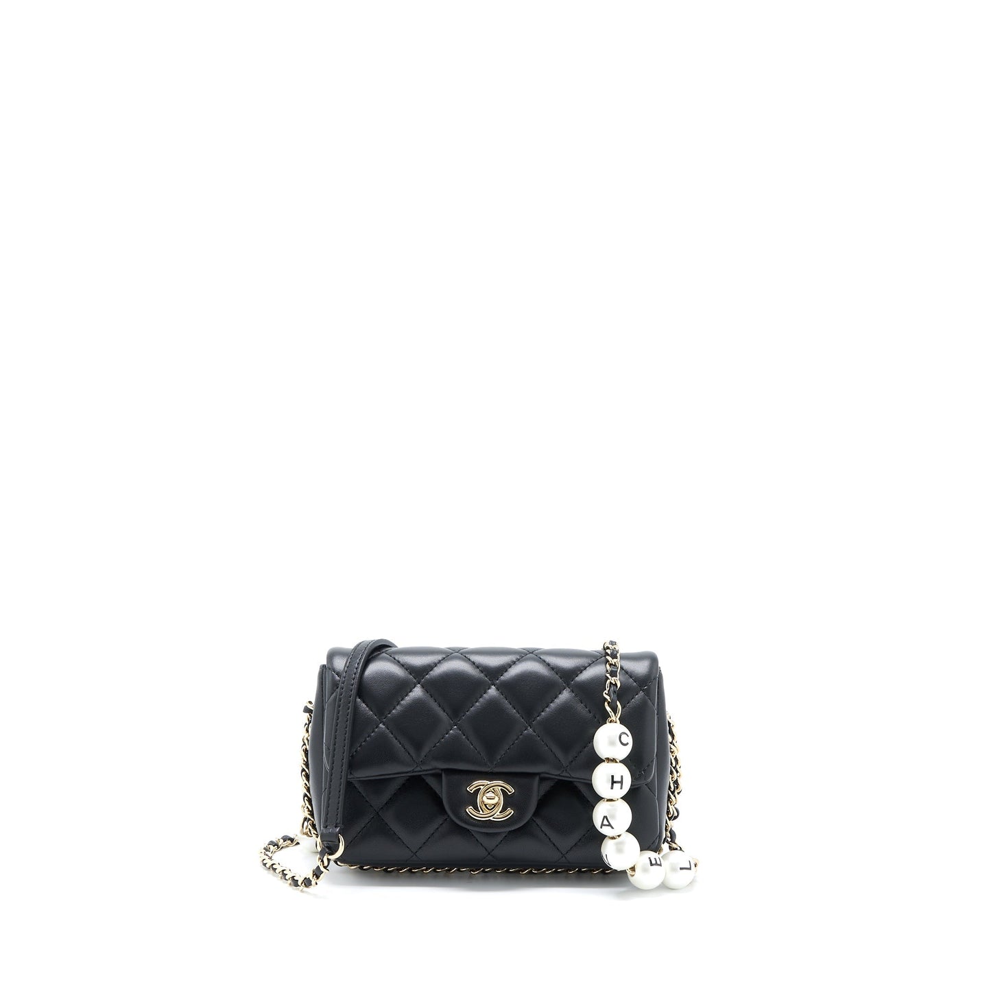 Chanel Pearl Chain Flap Bag Quilted Lambskin Black L